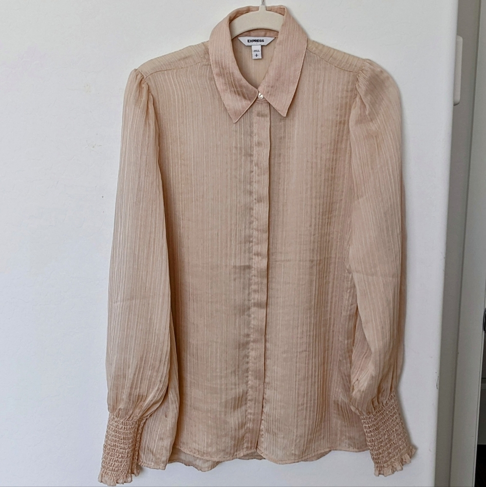Express Button Down Smocked Cuff Blouse Champaign… - image 1